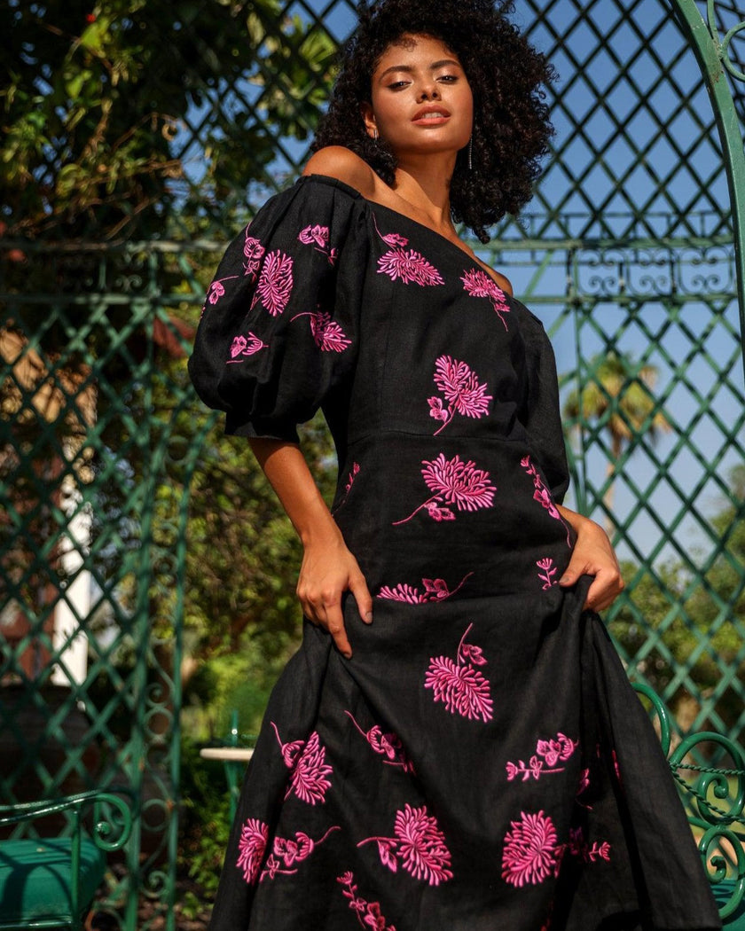 Black Embroidered Linen Dress | ZALXNDRA