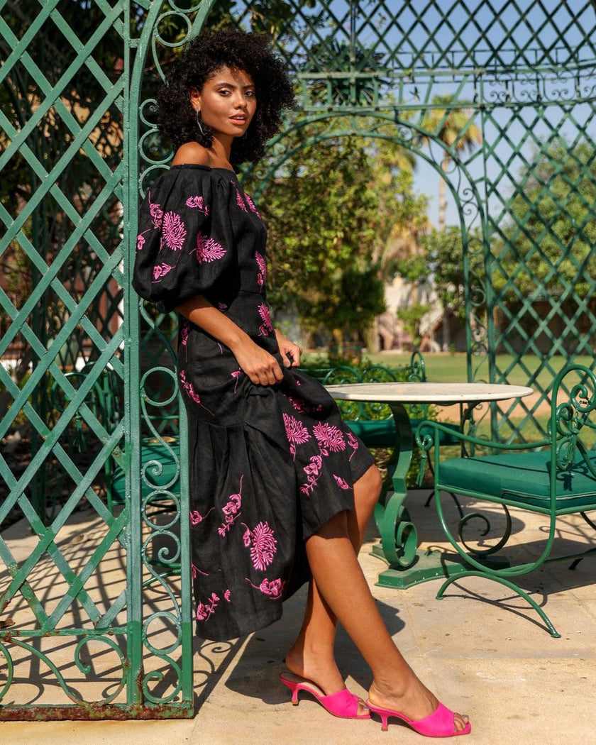 Black Embroidered Linen Dress | ZALXNDRA