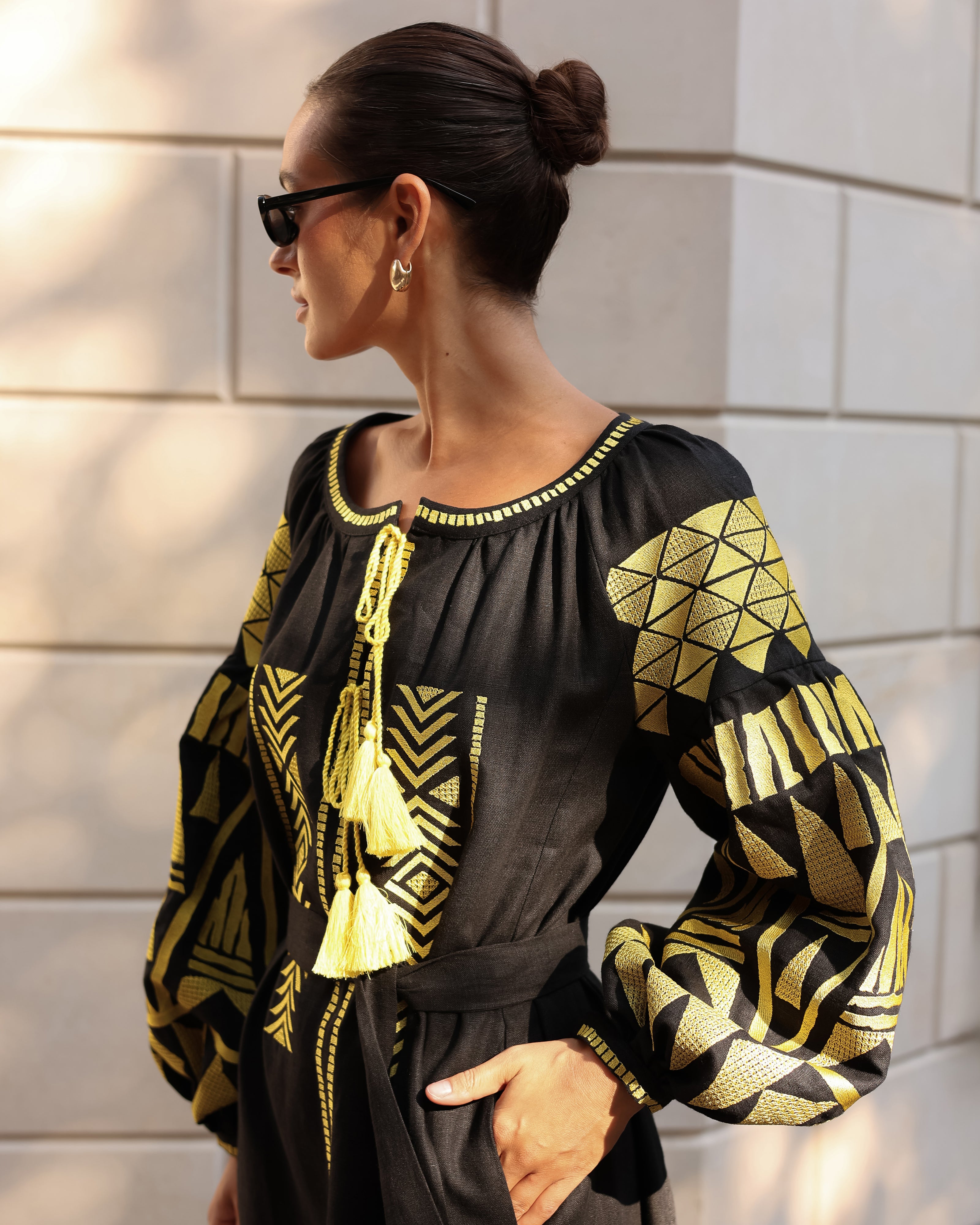 Black Embroidered Linen Maxi Dress – Balloon Sleeves | ZALXNDRA