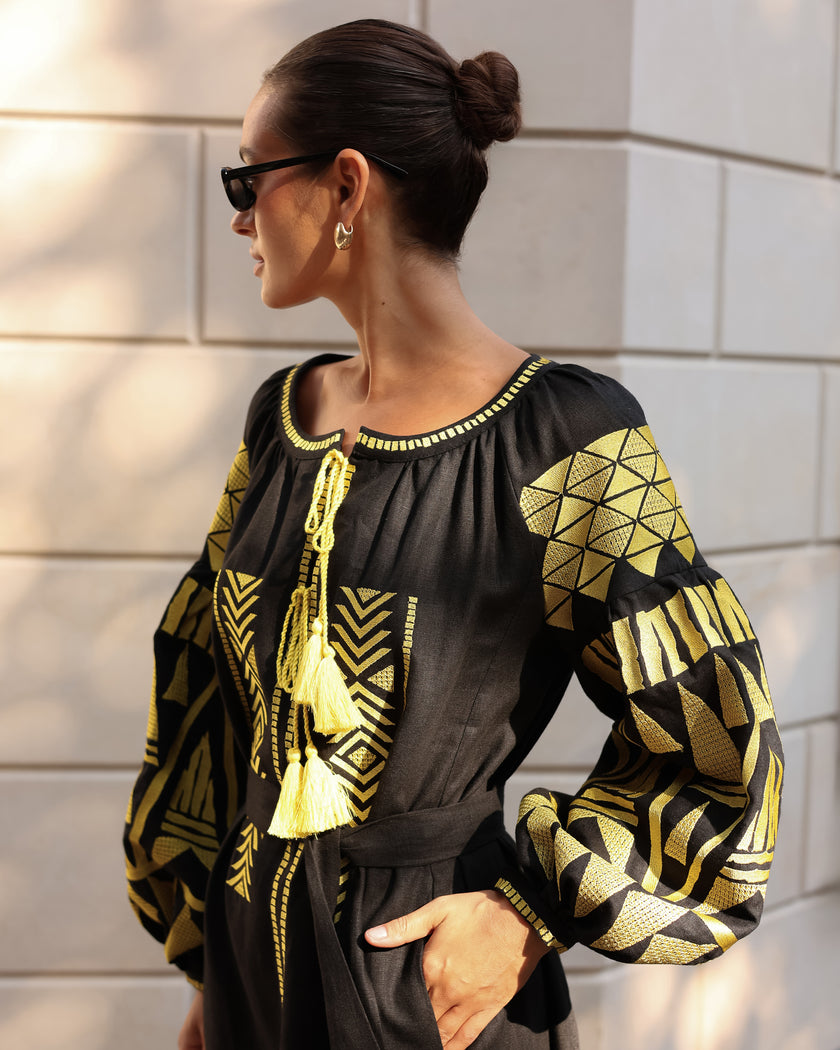 Black Embroidered Linen Maxi Dress – Balloon Sleeves | ZALXNDRA