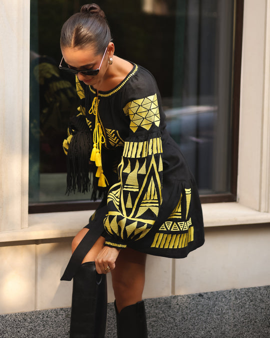 Black Yellow Geometric Embroidered Linen Mini Kaftan Dress