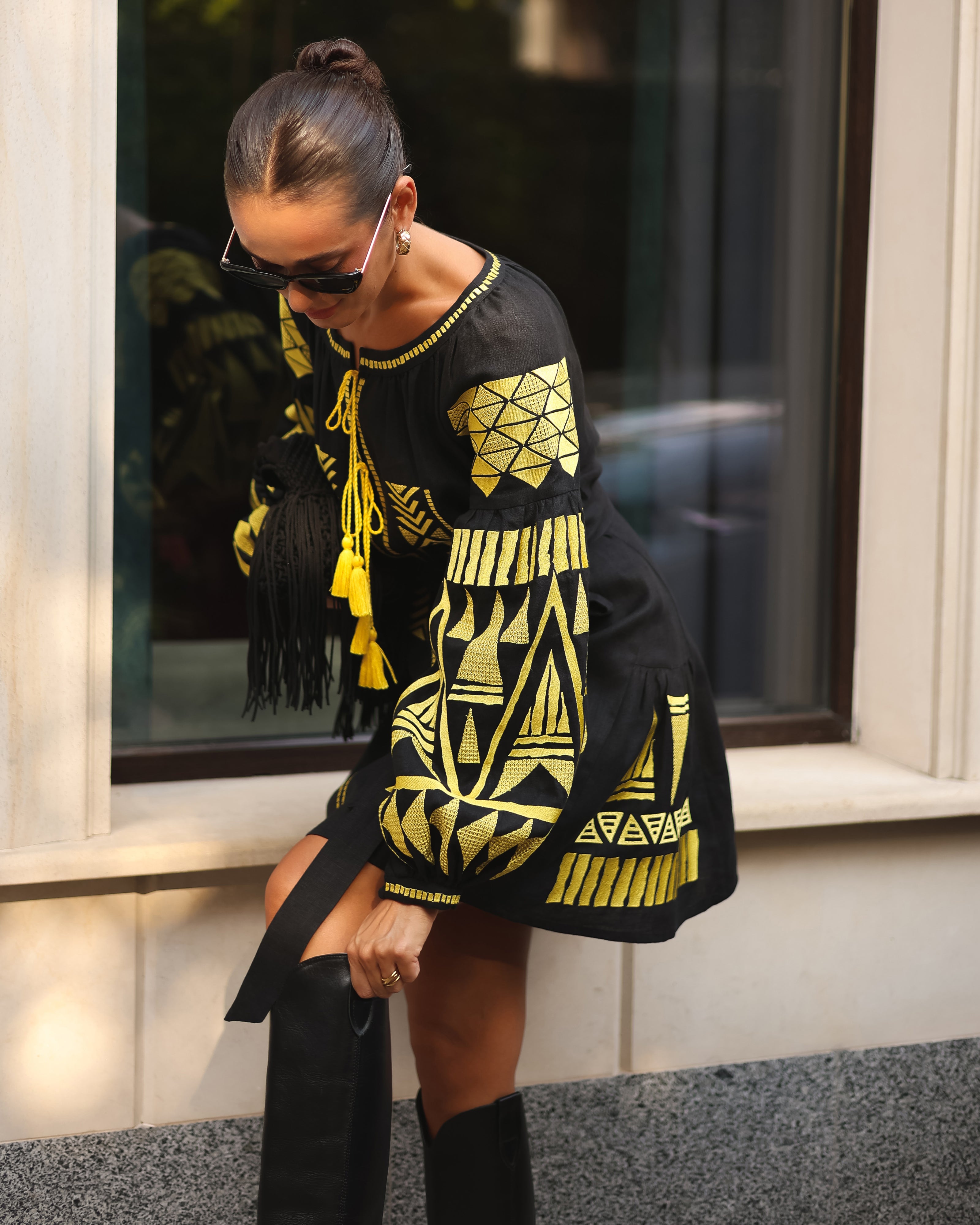 Black Embroidered Linen Mini Dress – Balloon Sleeves | ZALXNDRA