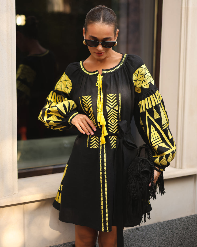 Black Embroidered Linen Mini Dress – Balloon Sleeves | ZALXNDRA