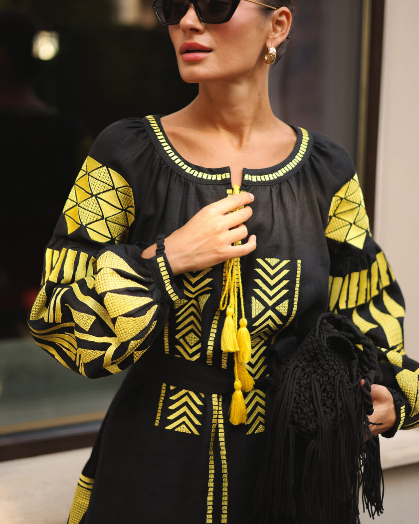 Black Embroidered Linen Mini Dress – Balloon Sleeves | ZALXNDRA