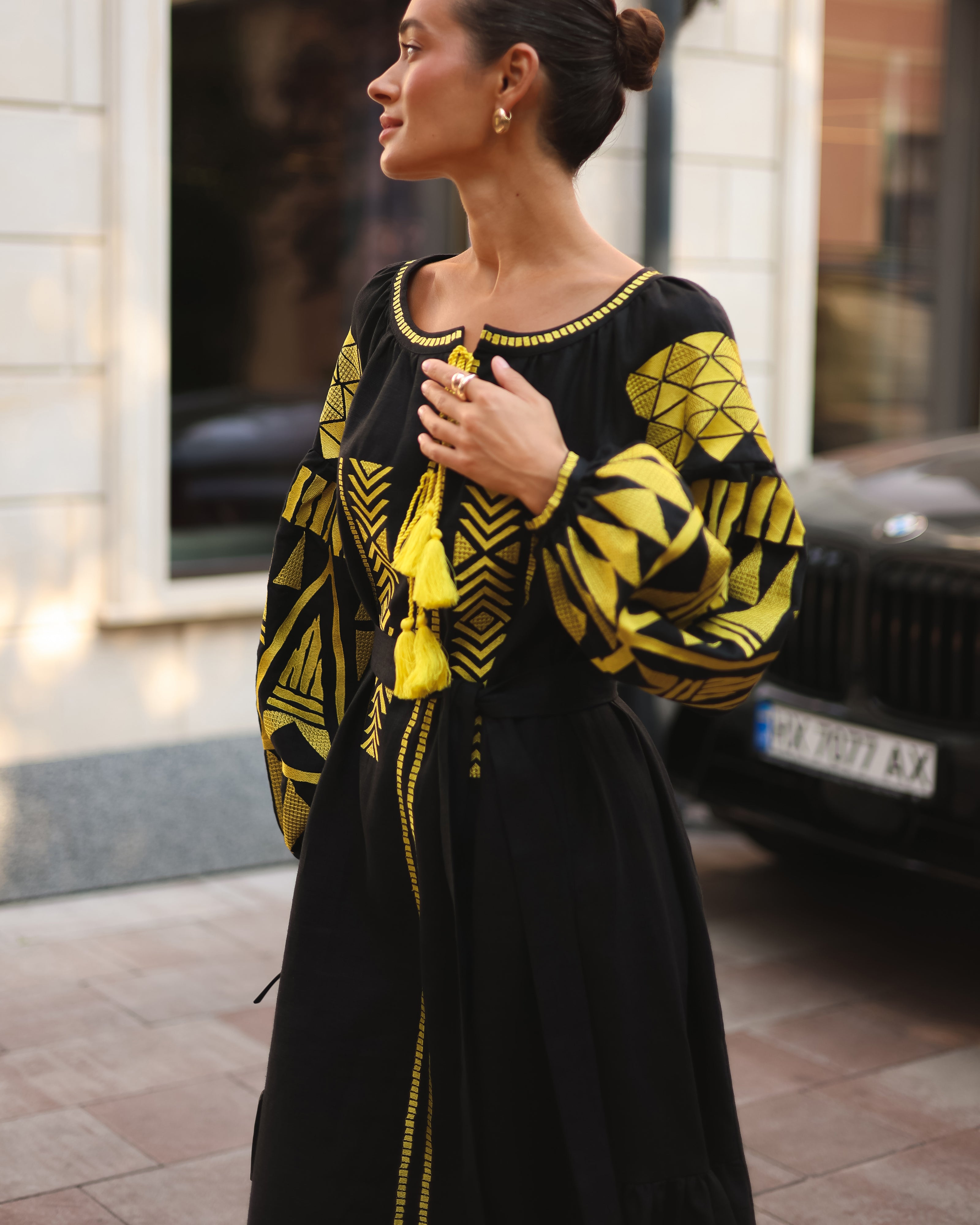 Black Embroidered Linen Maxi Dress – Balloon Sleeves | ZALXNDRA