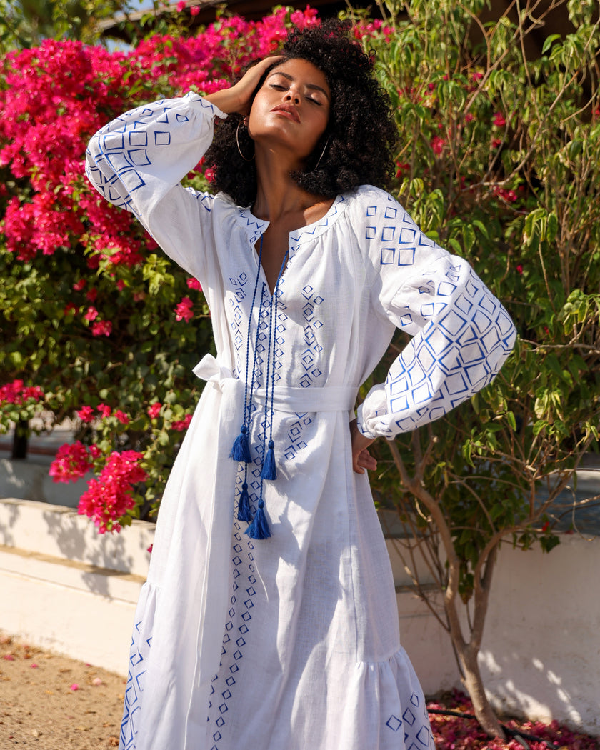 White Embroidered Linen Maxi Dress – Balloon Sleeves | ZALXNDRA