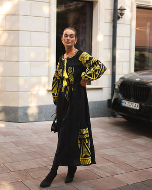 Black Embroidered Linen Maxi Dress – Balloon Sleeves | ZALXNDRA