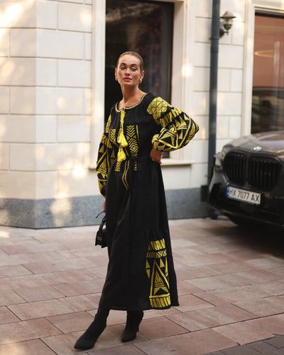 Black Embroidered Linen Maxi Dress – Balloon Sleeves | ZALXNDRA