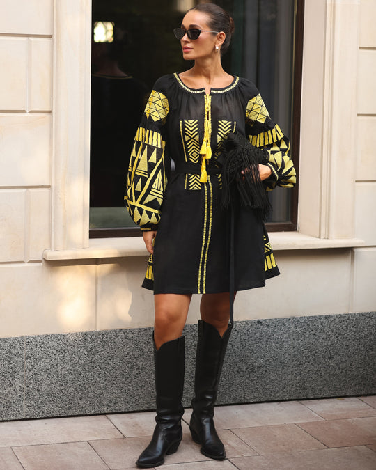 Black Yellow Geometric Embroidered Linen Mini Kaftan Dress
