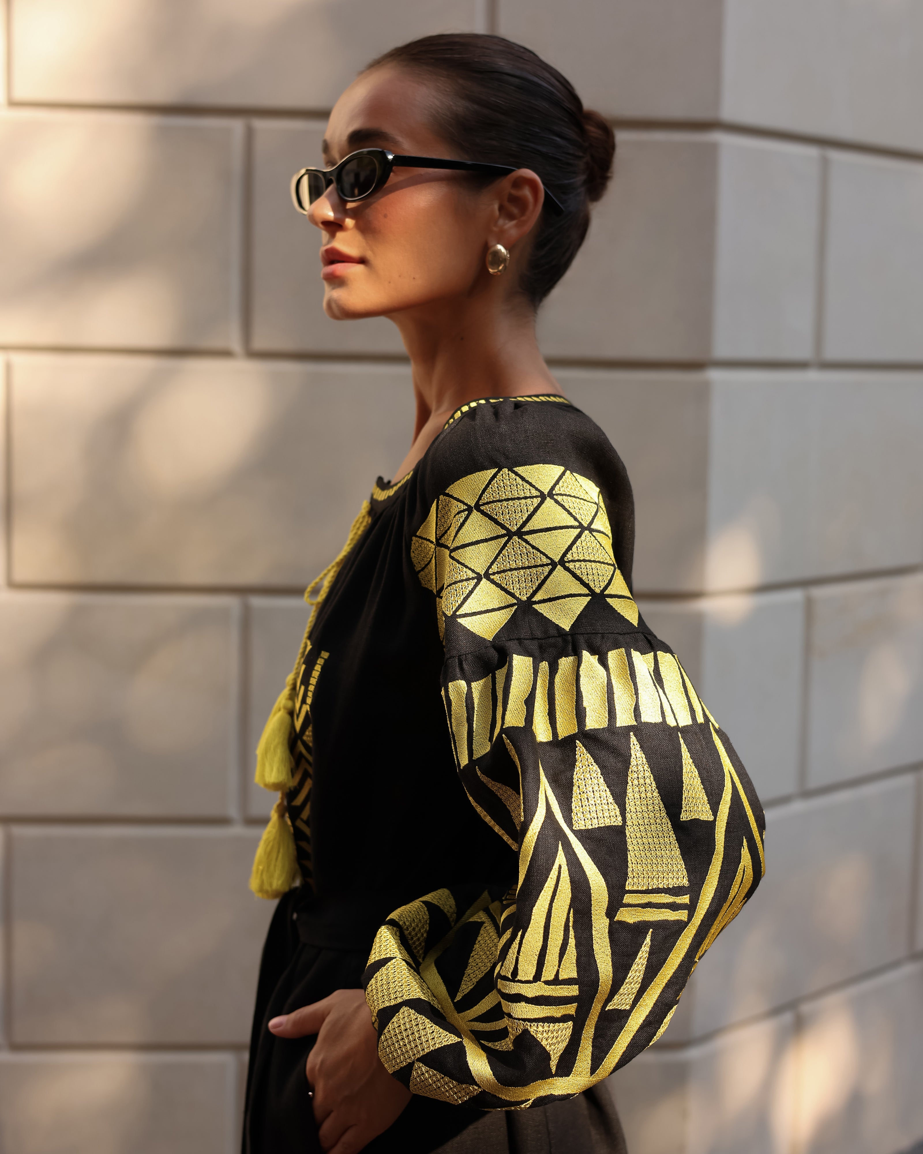 Black Embroidered Linen Maxi Dress – Balloon Sleeves | ZALXNDRA