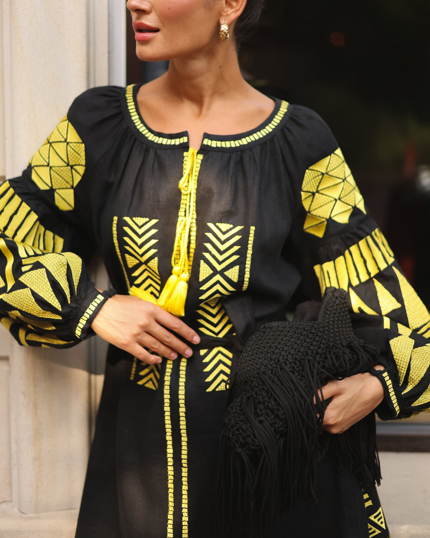 Black Embroidered Linen Mini Dress – Balloon Sleeves | ZALXNDRA