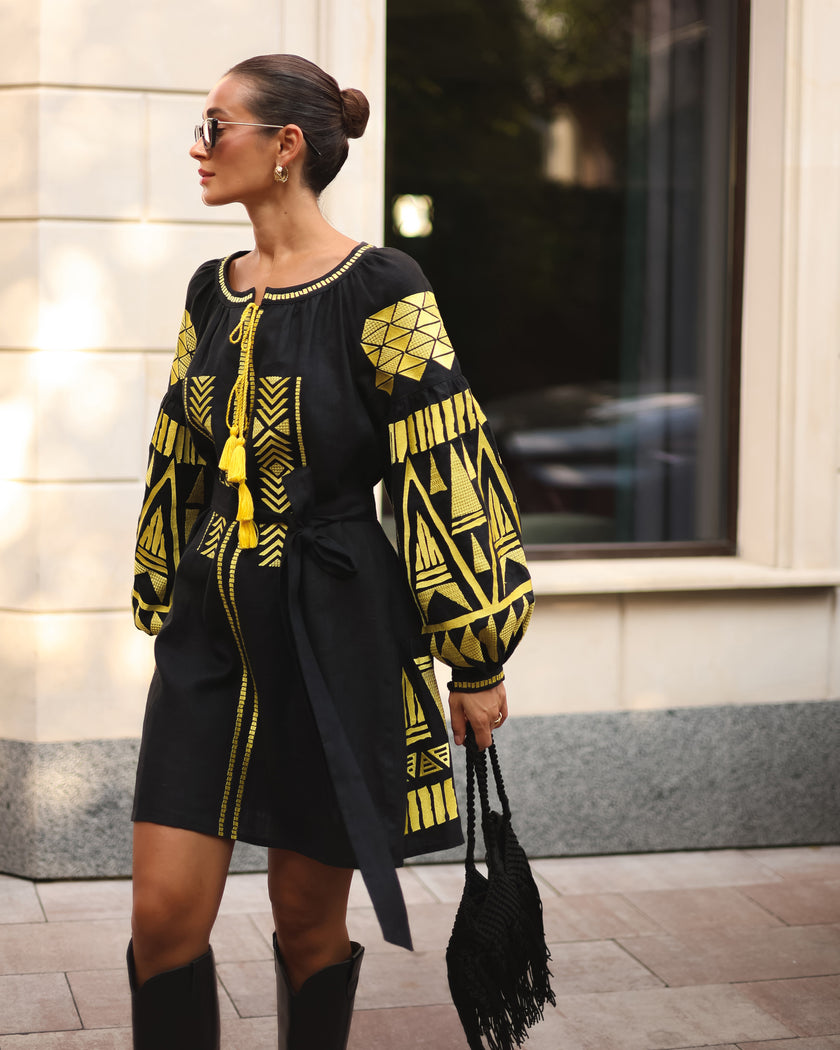 Black Embroidered Linen Mini Dress – Balloon Sleeves | ZALXNDRA