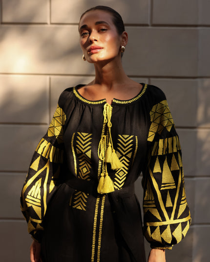 Black Embroidered Linen Maxi Dress – Balloon Sleeves | ZALXNDRA