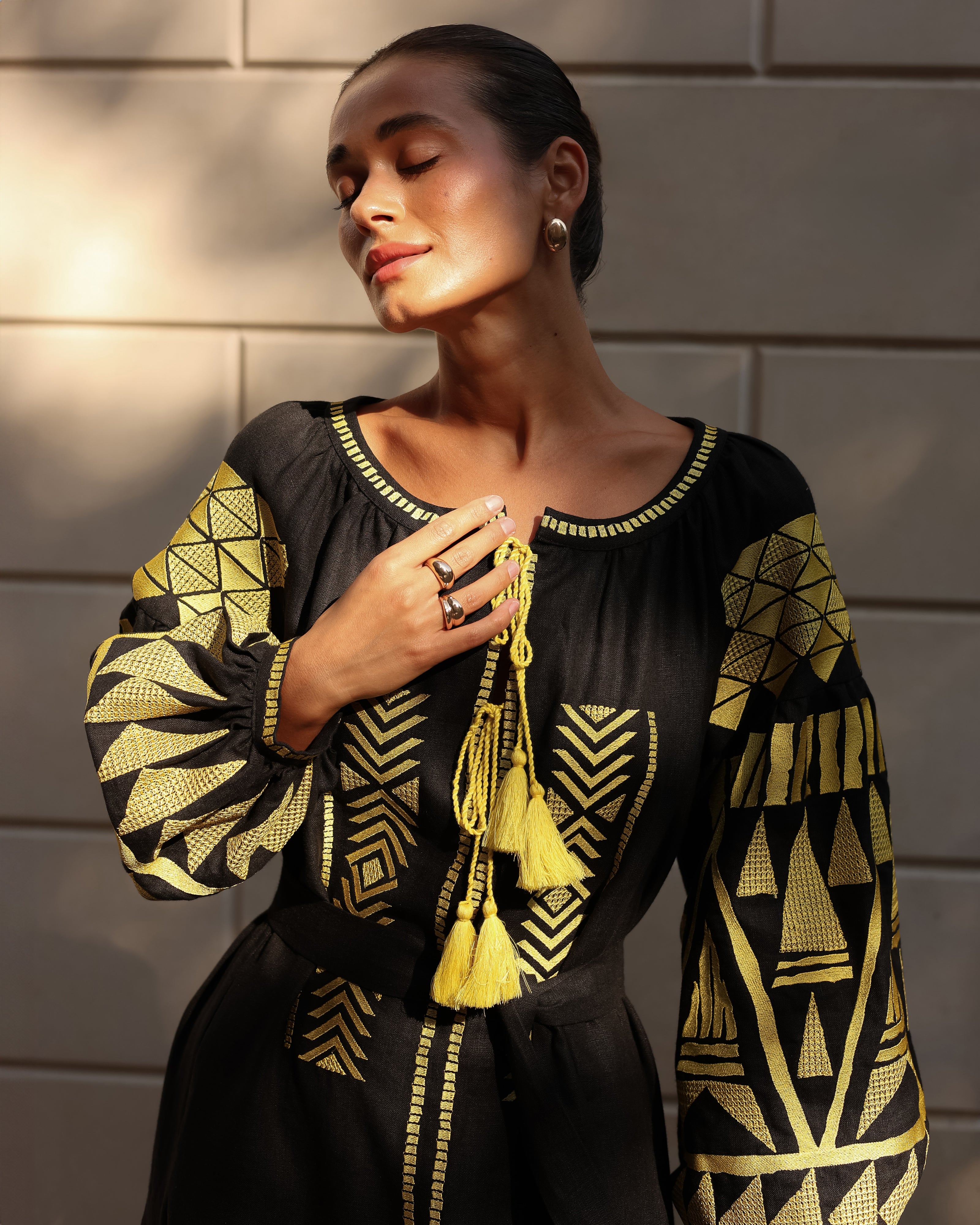 Black Embroidered Linen Maxi Dress – Balloon Sleeves | ZALXNDRA