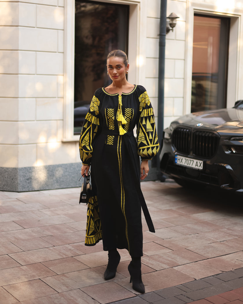 Black Embroidered Linen Maxi Dress – Balloon Sleeves | ZALXNDRA