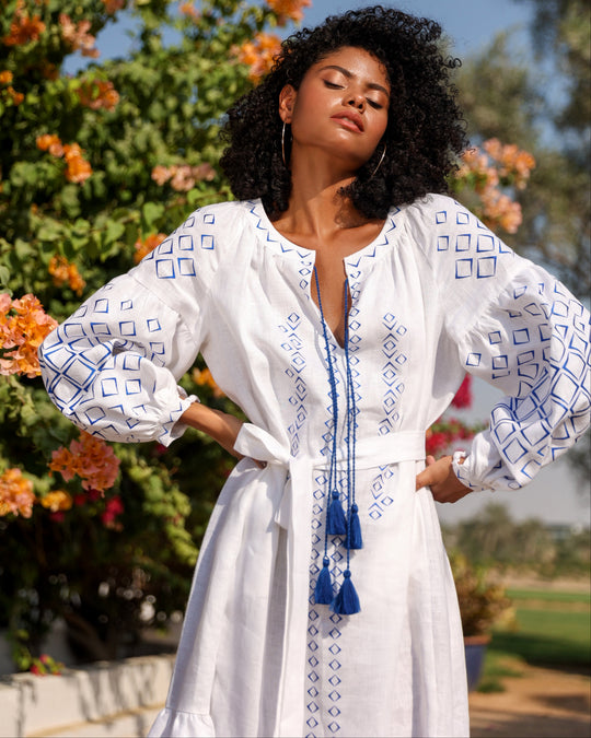 White Blue Geometric Embroidered Linen Kaftan Maxi Dress