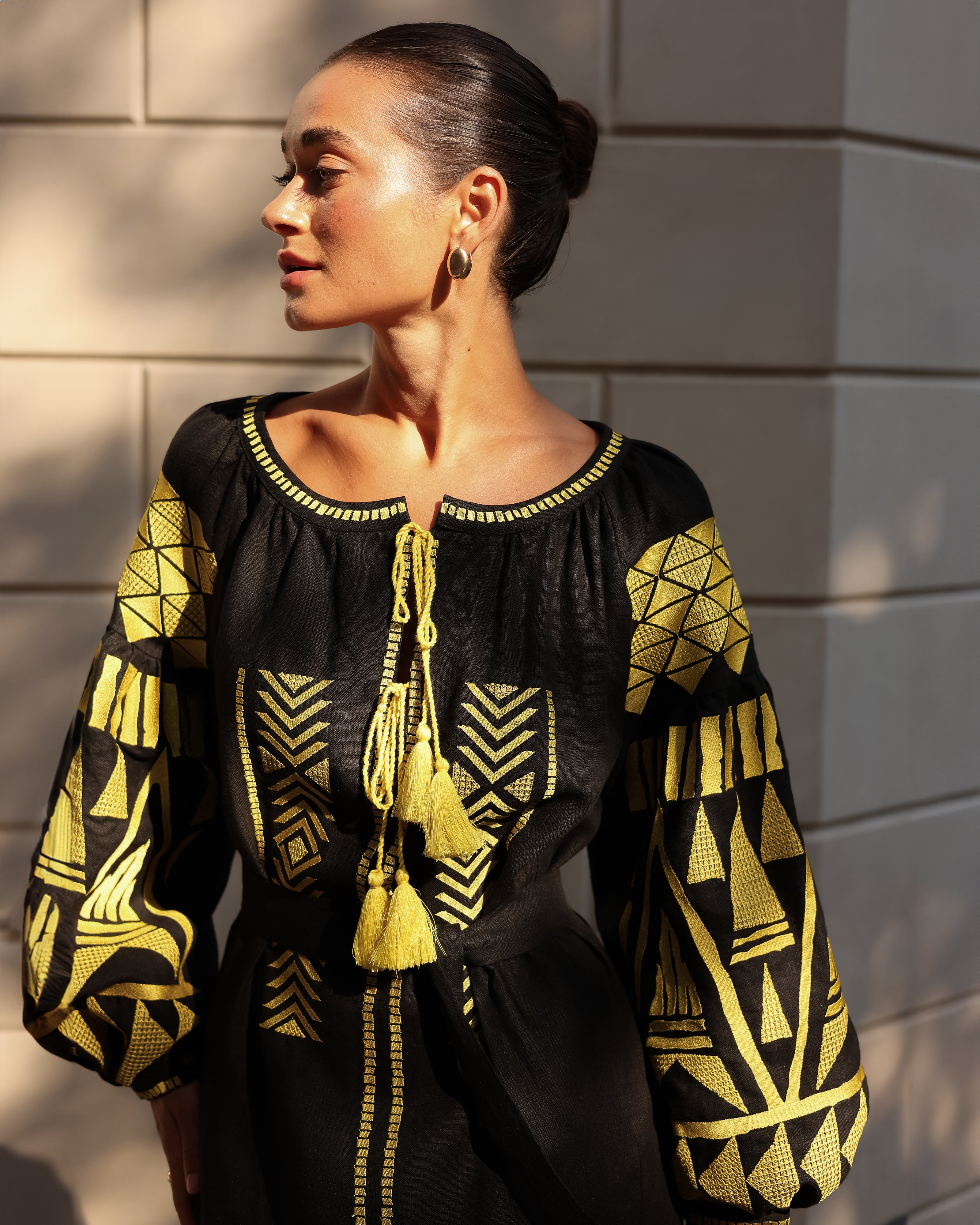 Black Embroidered Linen Maxi Dress – Balloon Sleeves | ZALXNDRA