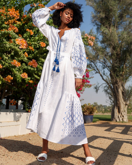 White Blue Geometric Embroidered Linen Kaftan Maxi Dress