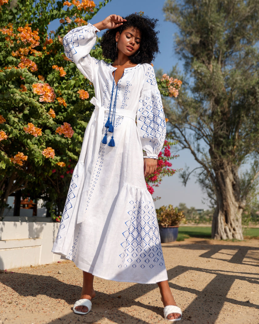 White Embroidered Linen Maxi Dress – Balloon Sleeves | ZALXNDRA