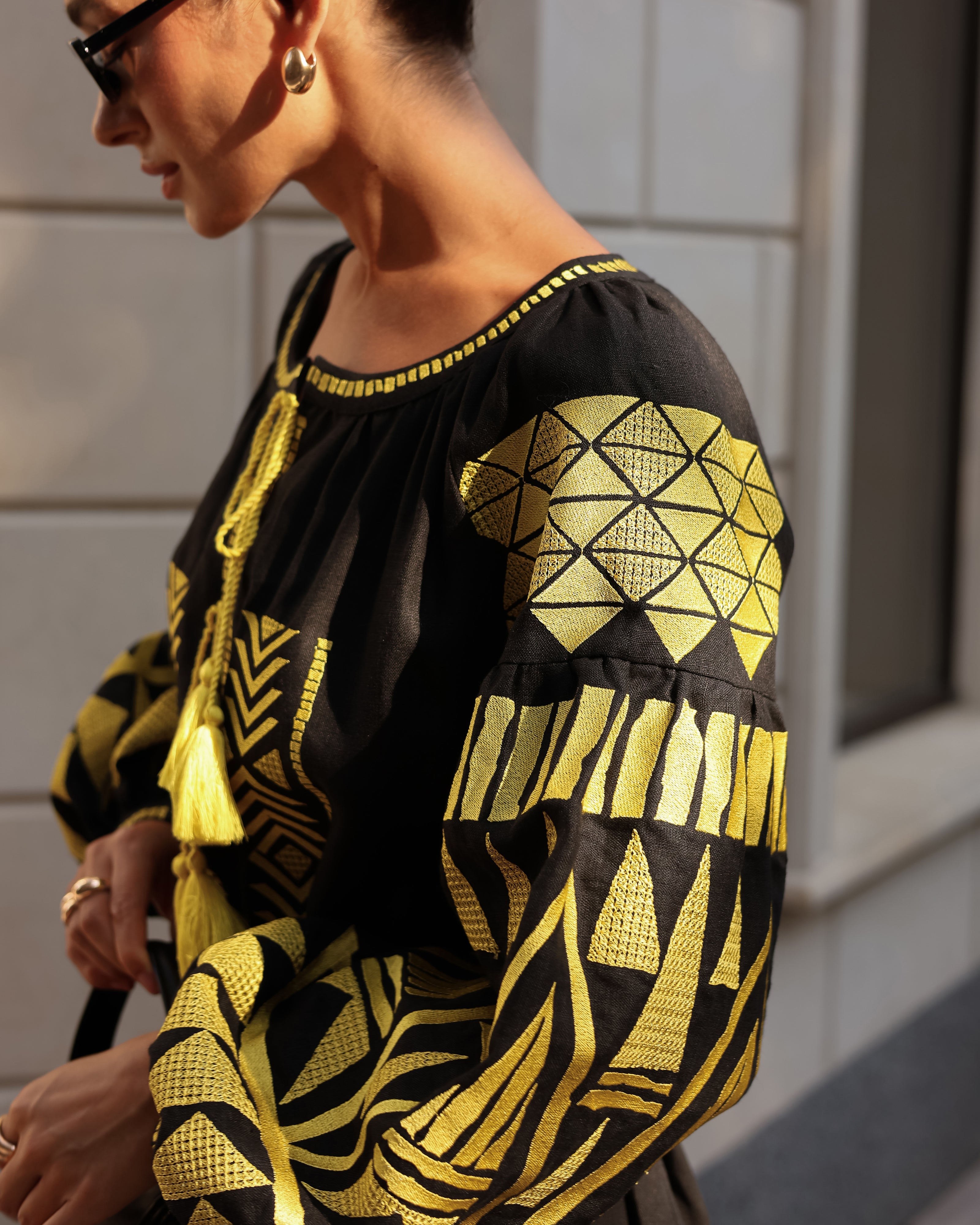 Black Embroidered Linen Maxi Dress – Balloon Sleeves | ZALXNDRA