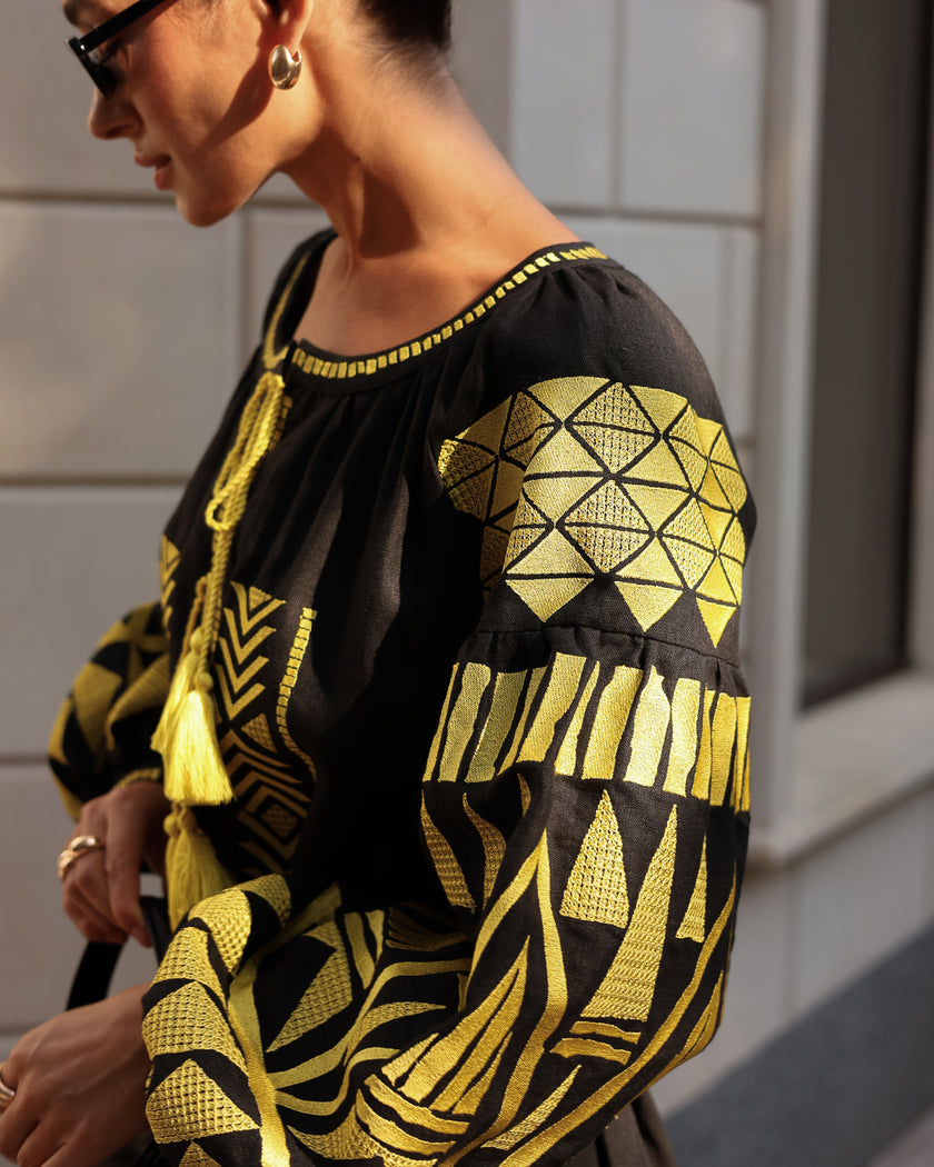 Black Embroidered Linen Maxi Dress – Balloon Sleeves | ZALXNDRA