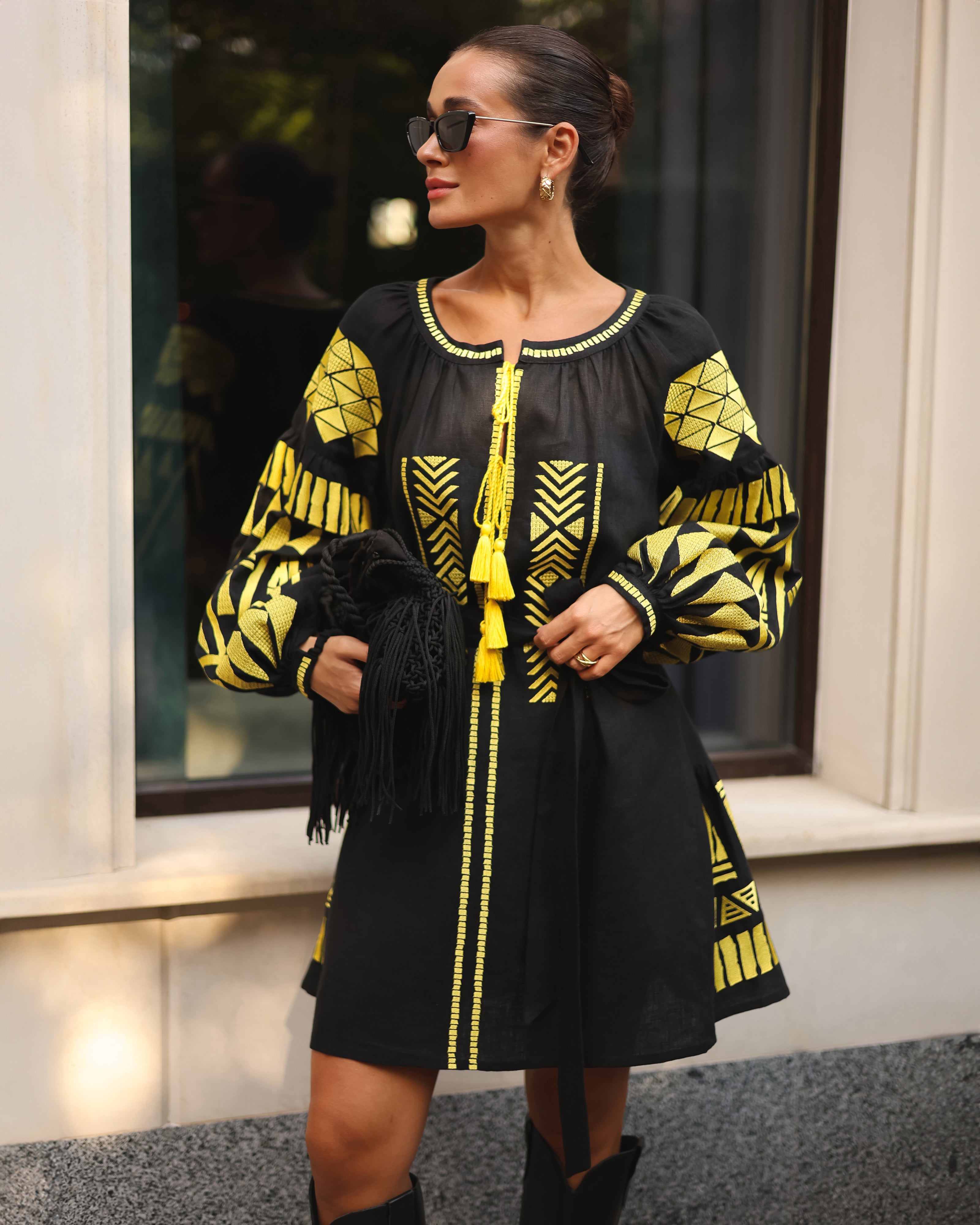 Black Embroidered Linen Mini Dress – Balloon Sleeves | ZALXNDRA