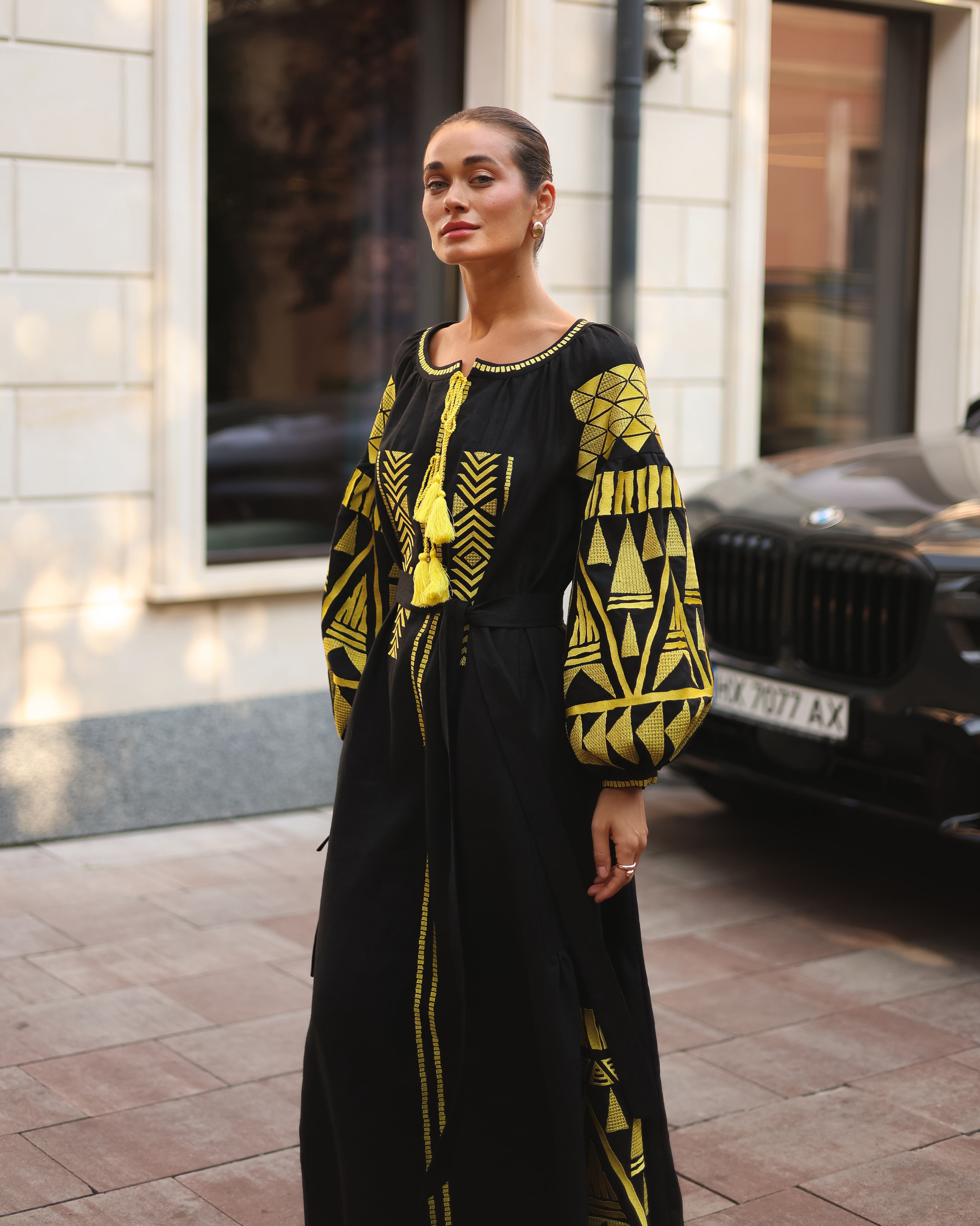 Black Embroidered Linen Maxi Dress – Balloon Sleeves | ZALXNDRA