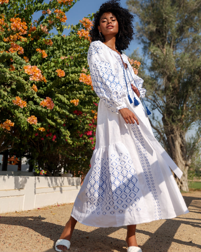 White Embroidered Linen Maxi Dress – Balloon Sleeves | ZALXNDRA