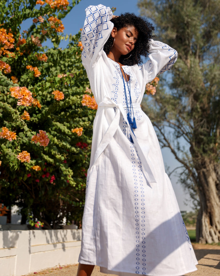 White Embroidered Linen Maxi Dress – Balloon Sleeves | ZALXNDRA