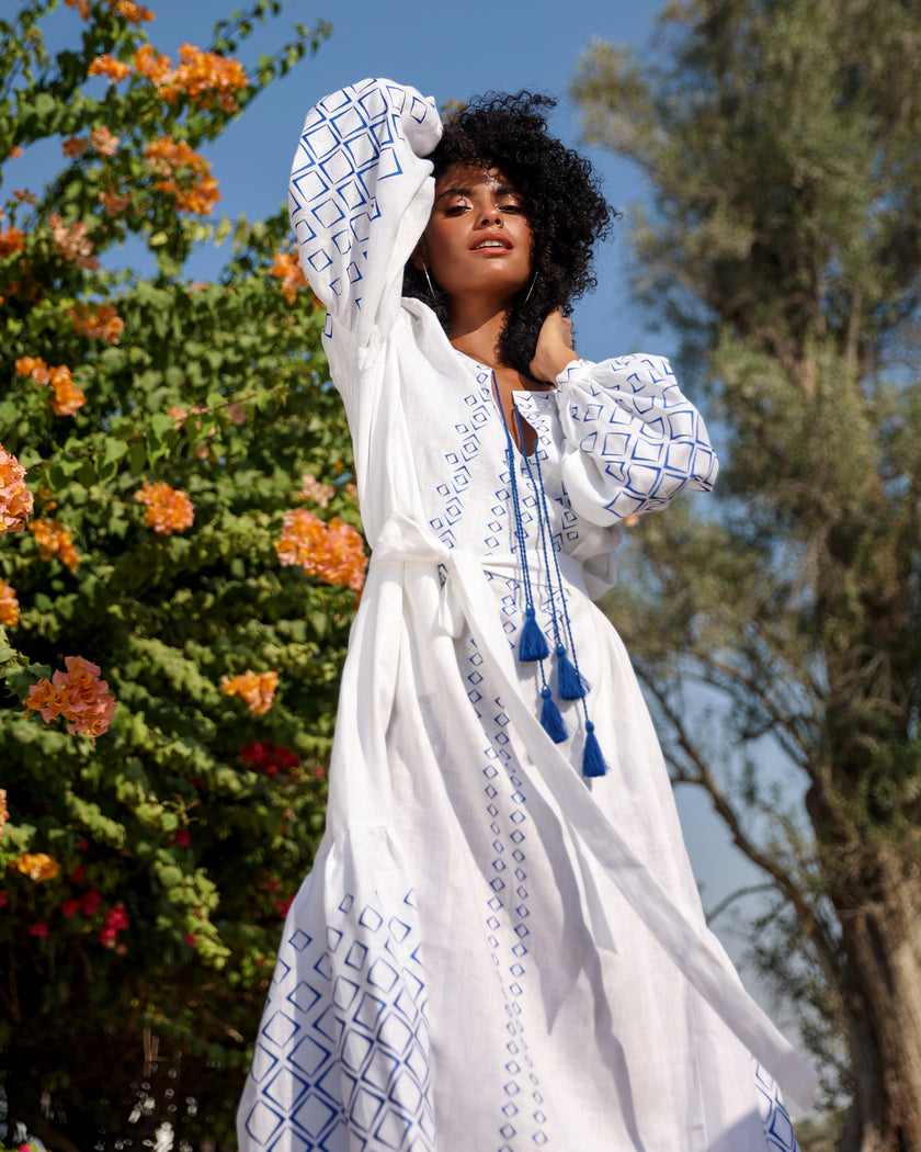 White Embroidered Linen Maxi Dress – Balloon Sleeves | ZALXNDRA