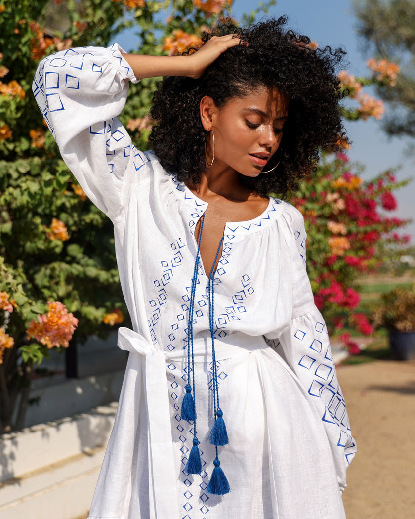 White Embroidered Linen Maxi Dress – Balloon Sleeves | ZALXNDRA