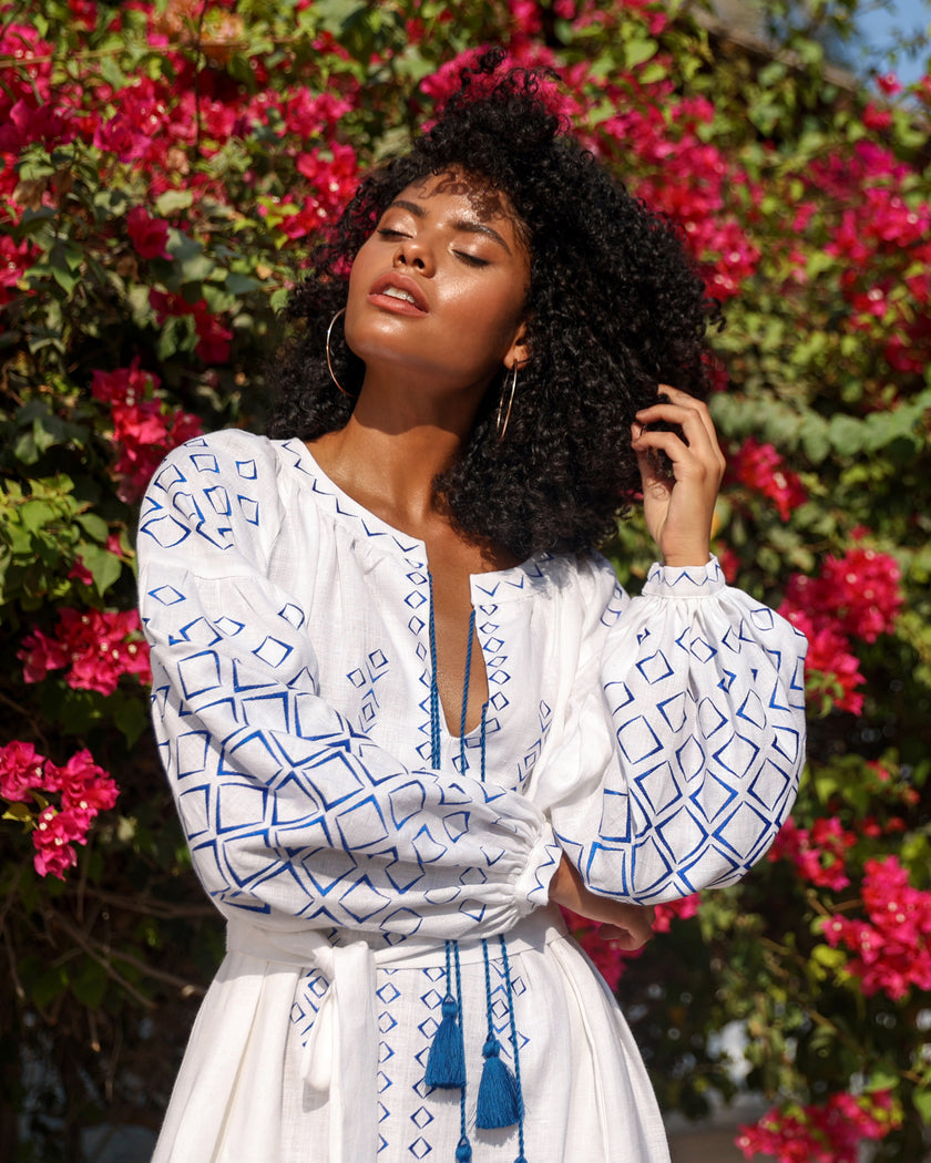 White Embroidered Linen Maxi Dress – Balloon Sleeves | ZALXNDRA