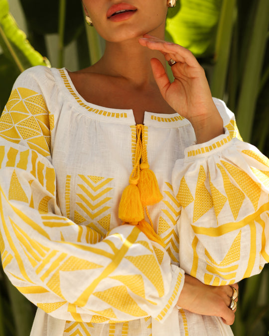 White Yellow Geometric Embroidered Linen Kaftan Maxi Dress