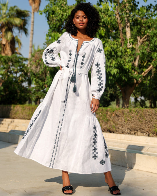 White Black Geometric Embroidered Linen Kaftan Maxi Dress