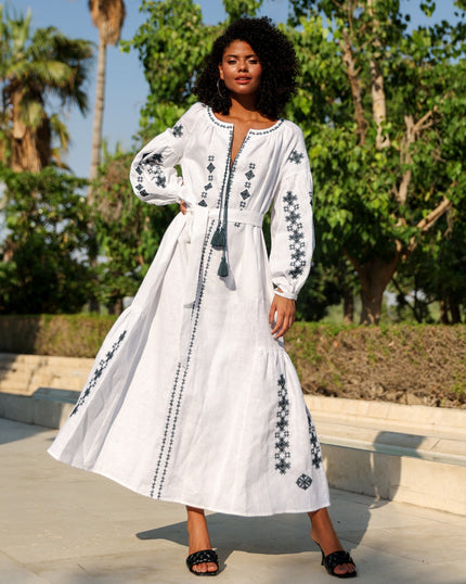 White Embroidered Linen Maxi Dress | ZALXNDRA