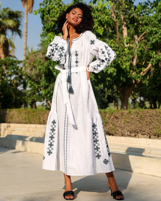 White Black Geometric Embroidered Linen Kaftan Maxi Dress