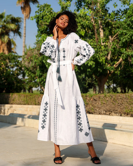 White Embroidered Linen Maxi Dress | ZALXNDRA