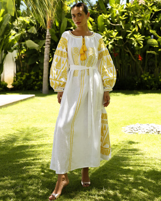 White Yellow Geometric Embroidered Linen Kaftan Maxi Dress