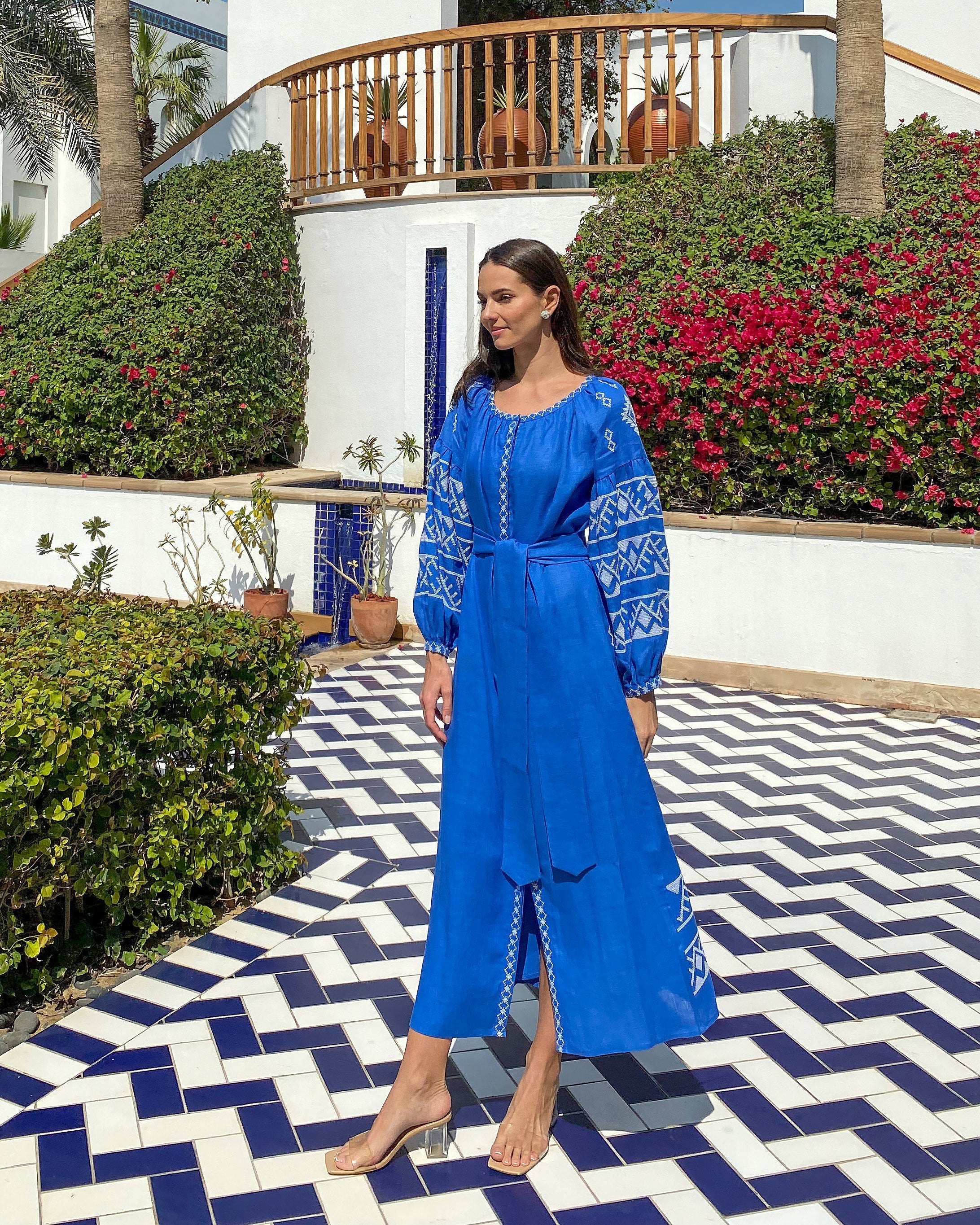 Royal Blue Hand Embroidered Linen Maxi Dress | ZALXNDRA
