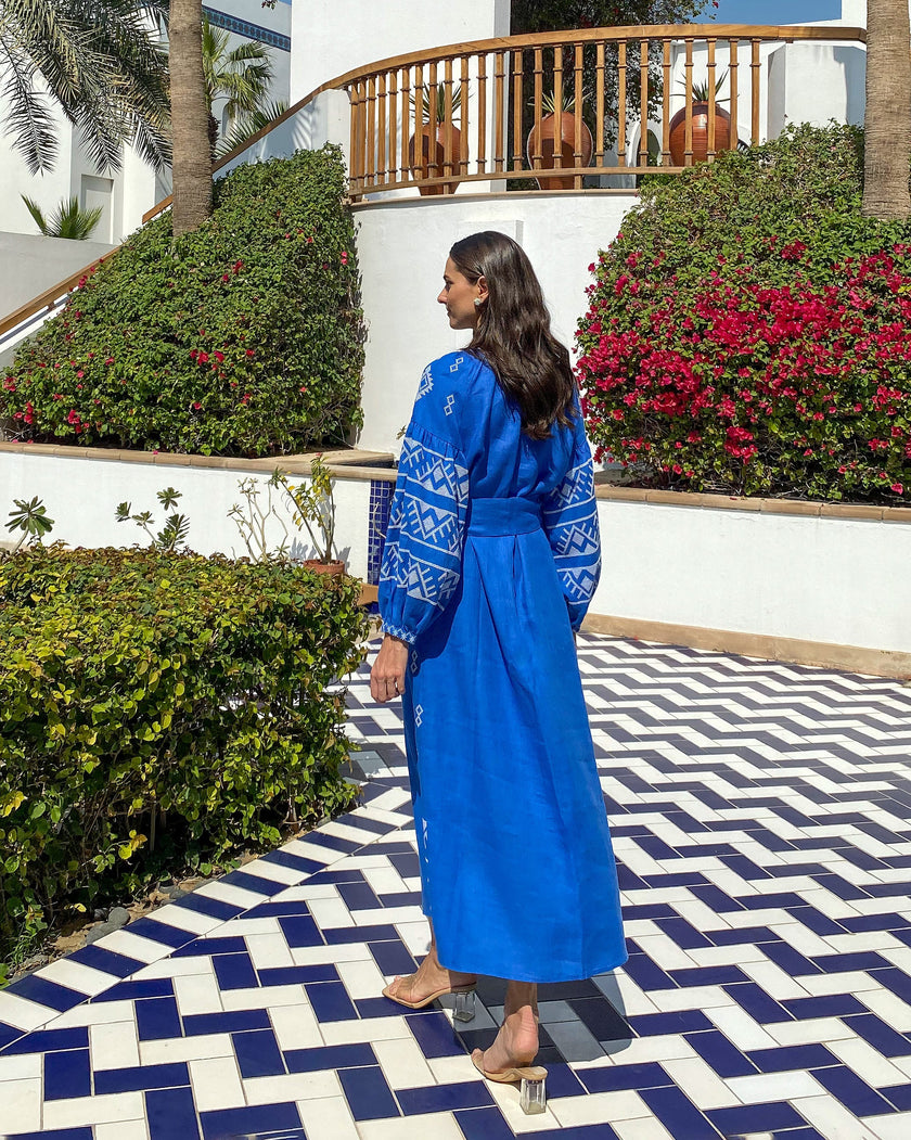 Royal Blue Hand Embroidered Linen Maxi Dress | ZALXNDRA