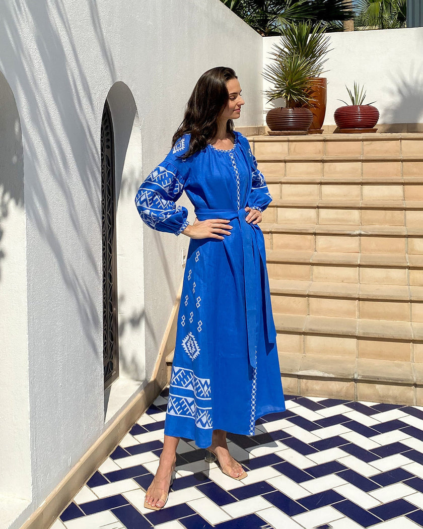 Royal Blue Hand Embroidered Linen Maxi Dress | ZALXNDRA