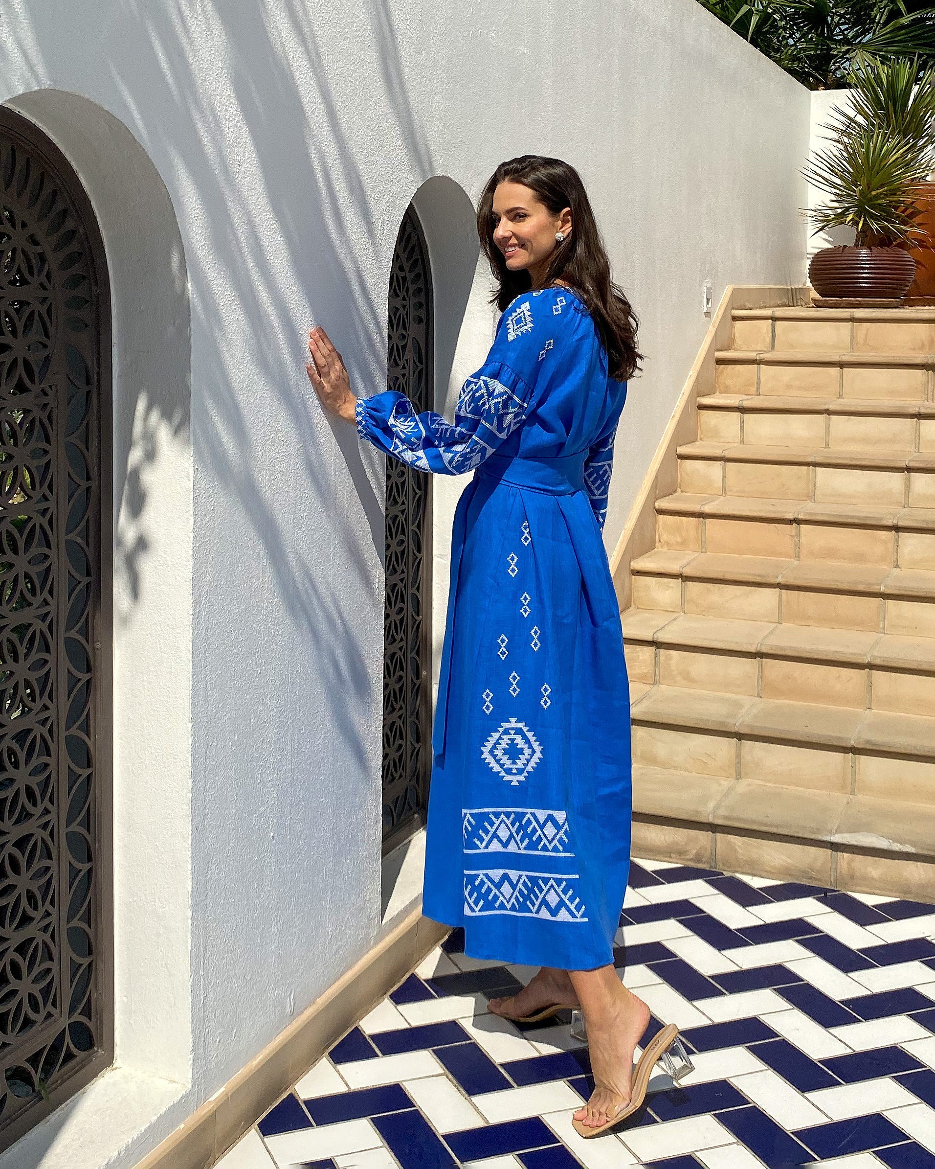 Royal Blue Hand Embroidered Linen Maxi Dress | ZALXNDRA