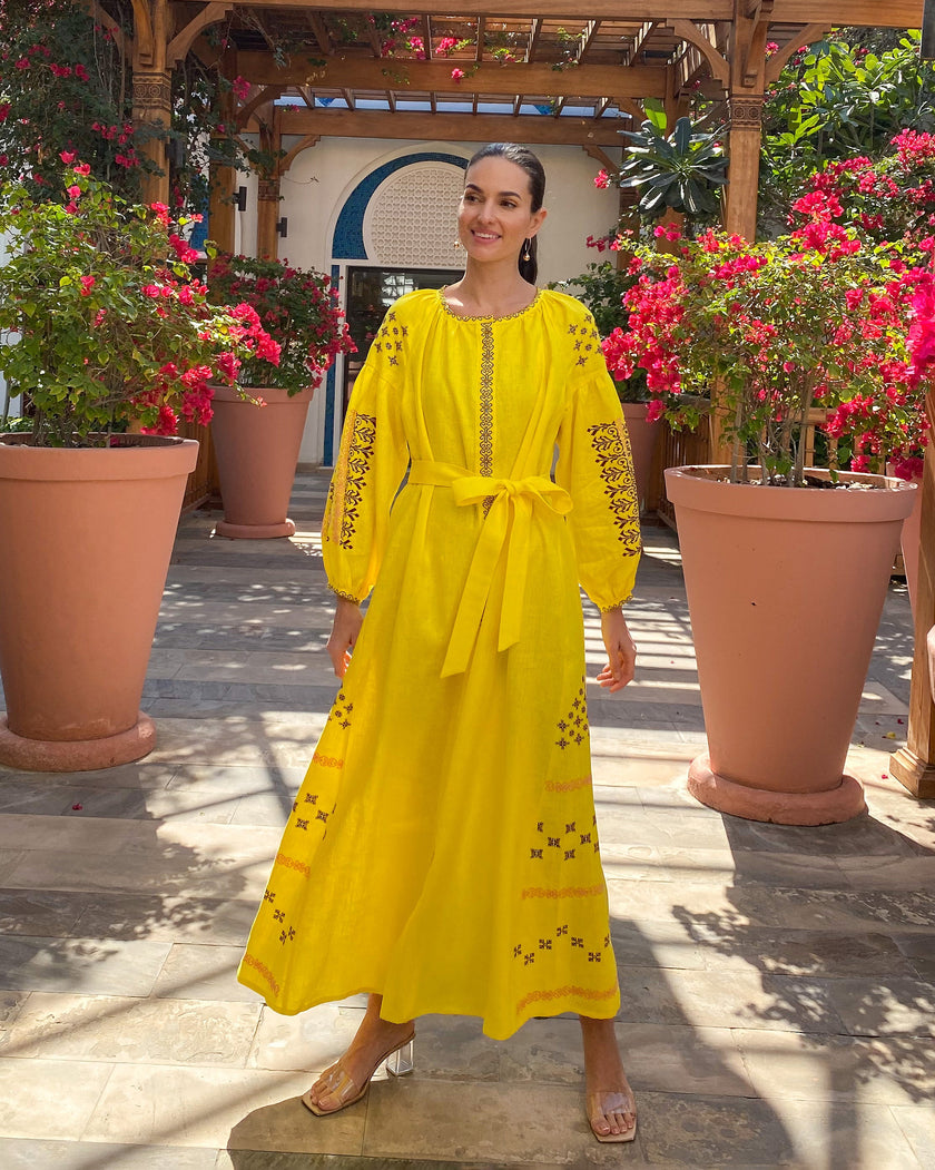 Lemon Yellow Hand Embroidered Linen Maxi Dress | ZALXNDRA