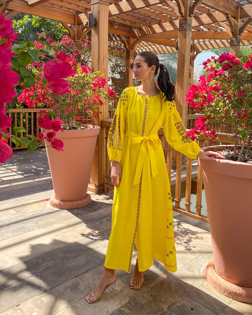 Lemon Yellow Hand Embroidered Linen Maxi Dress | ZALXNDRA