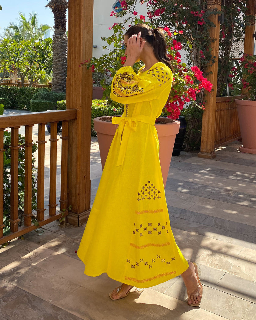 Lemon Yellow Hand Embroidered Linen Maxi Dress | ZALXNDRA