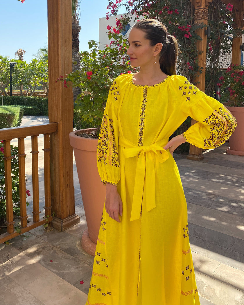 Lemon Yellow Hand Embroidered Linen Maxi Dress | ZALXNDRA