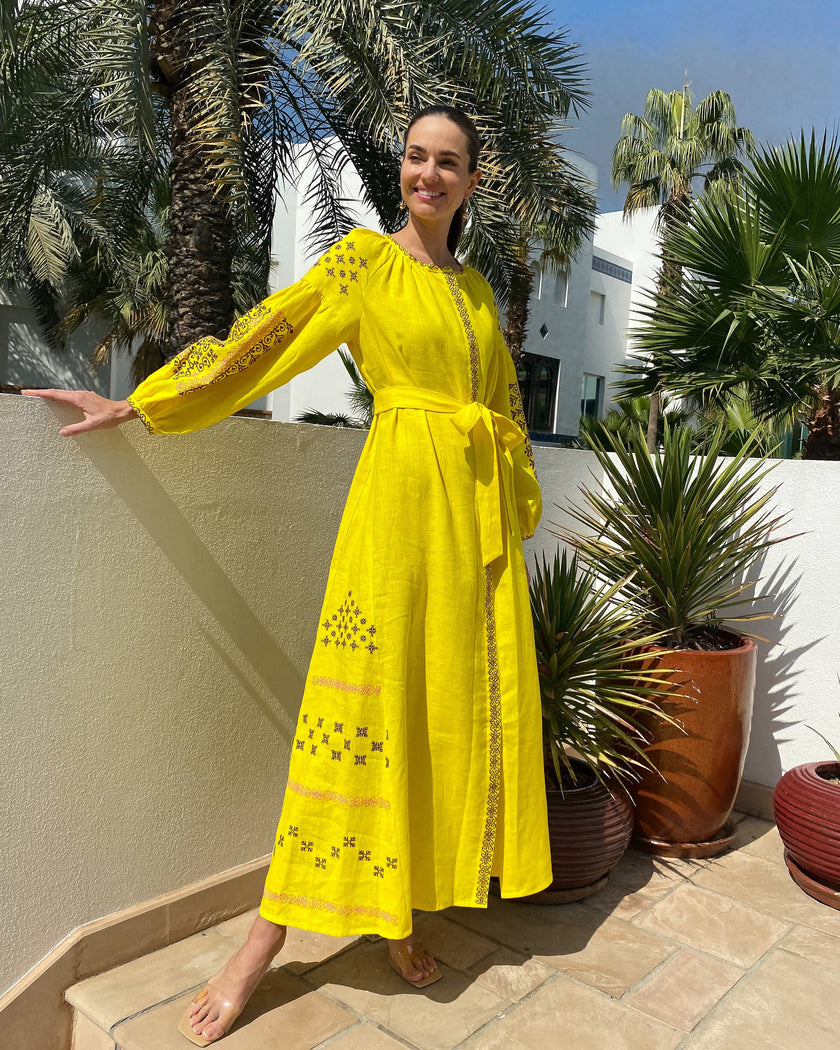 Lemon Yellow Hand Embroidered Linen Maxi Dress | ZALXNDRA