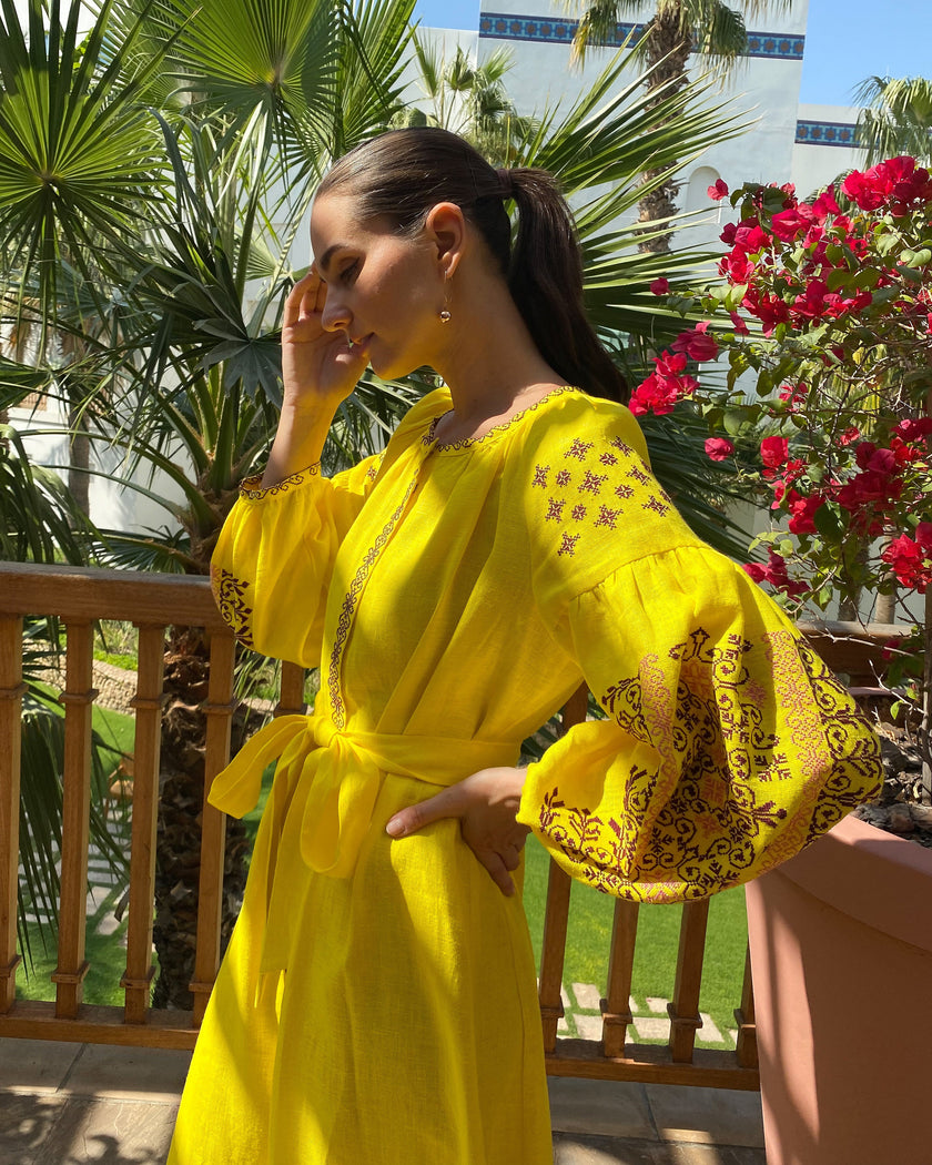 Lemon Yellow Hand Embroidered Linen Maxi Dress | ZALXNDRA