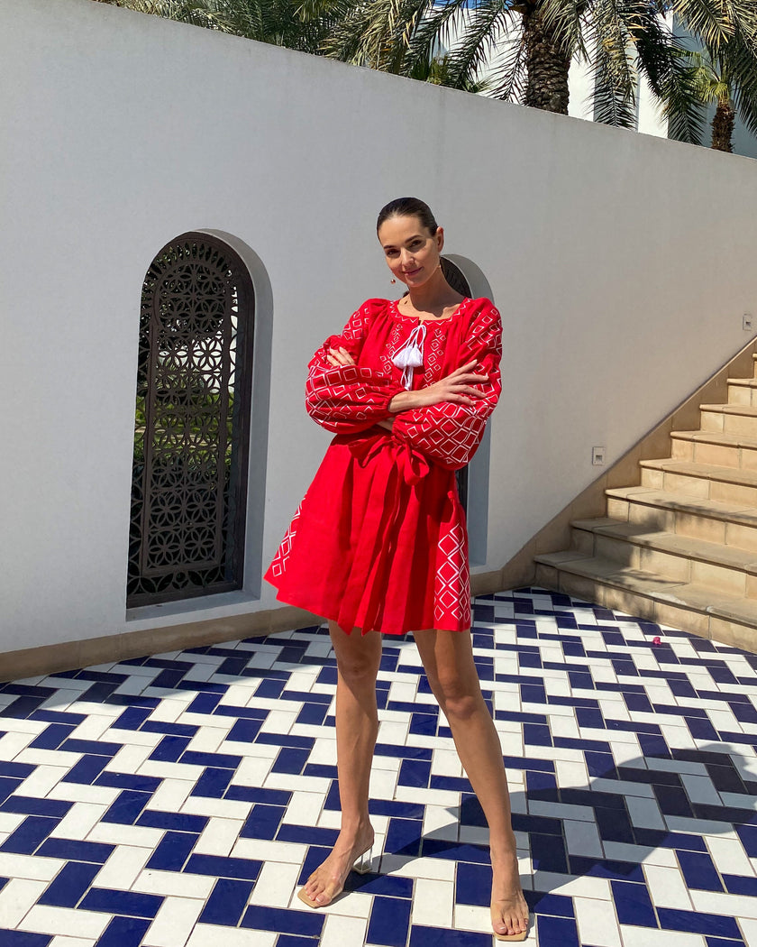 Scarlet Red Embroidered Linen Mini Dress | ZALXNDRA
