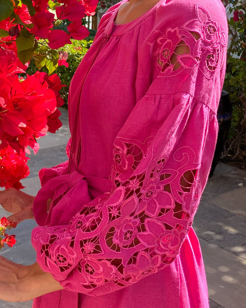 Fuchsia Hand Cut Embroidered Linen Maxi Dress | ZALXNDRA